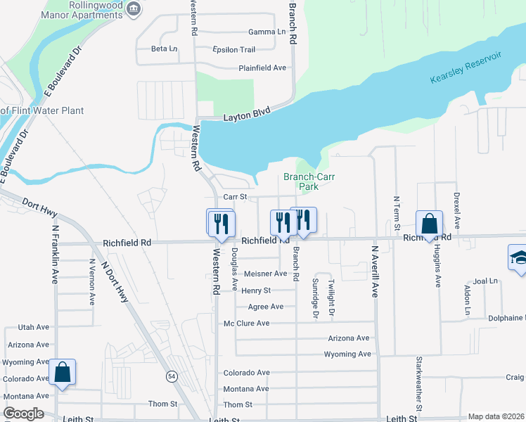 map of restaurants, bars, coffee shops, grocery stores, and more near 4123 Coggins Avenue in Flint