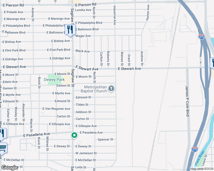 map of restaurants, bars, coffee shops, grocery stores, and more near 930 East Myrtle Avenue in Flint