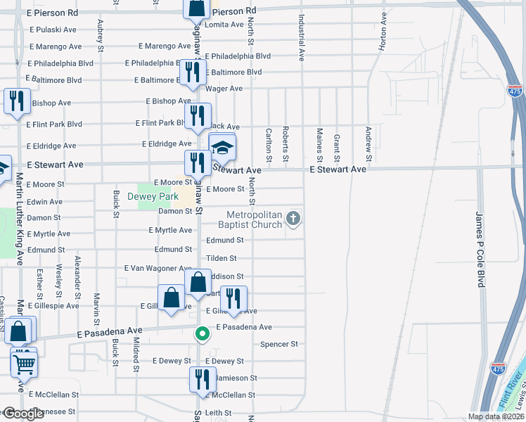 map of restaurants, bars, coffee shops, grocery stores, and more near 824 East Myrtle Avenue in Flint