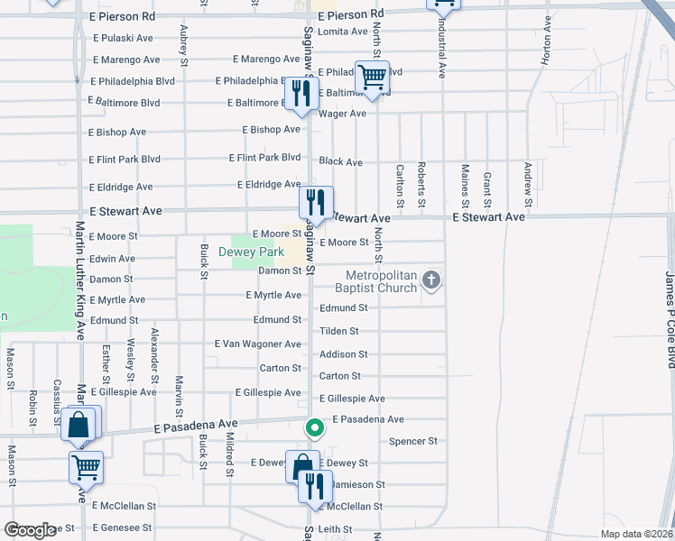 map of restaurants, bars, coffee shops, grocery stores, and more near 726 East Myrtle Avenue in Flint