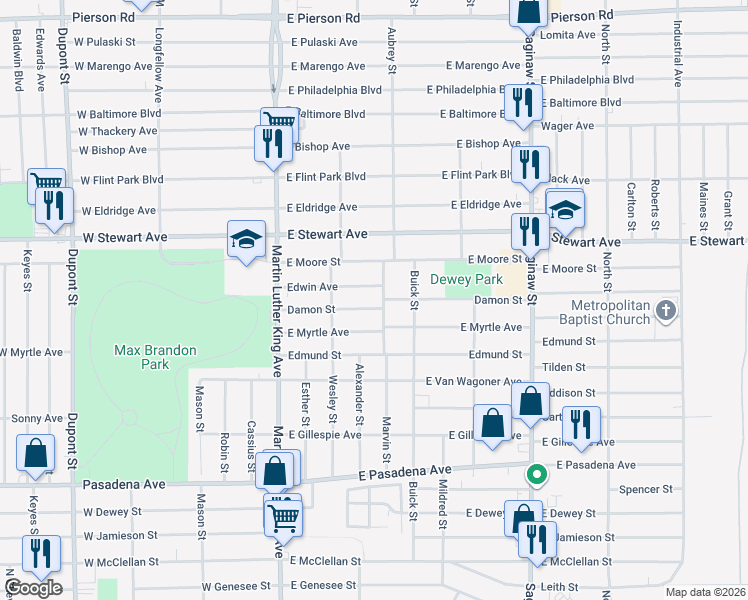 map of restaurants, bars, coffee shops, grocery stores, and more near 355 East Myrtle Avenue in Flint