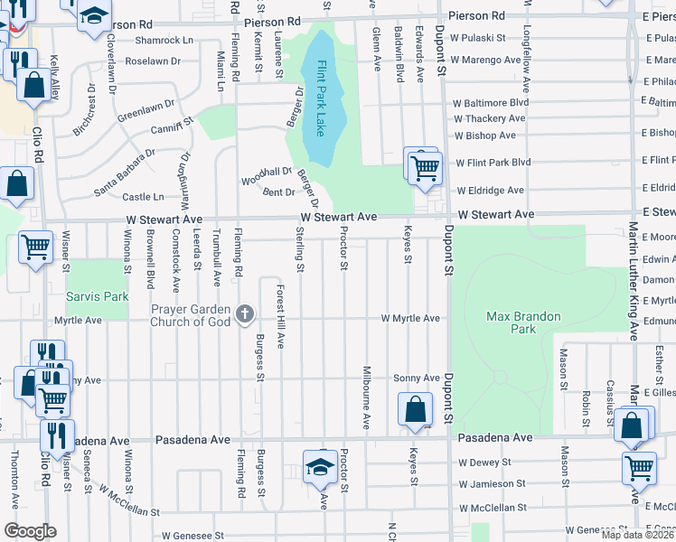 map of restaurants, bars, coffee shops, grocery stores, and more near 4025 Lawndale Avenue in Flint