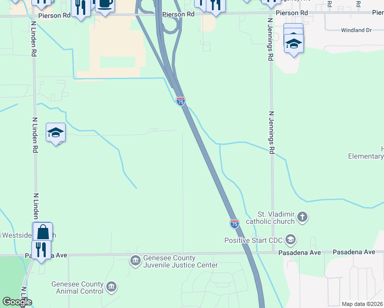 map of restaurants, bars, coffee shops, grocery stores, and more near 3192 O'Leary Road in Flint