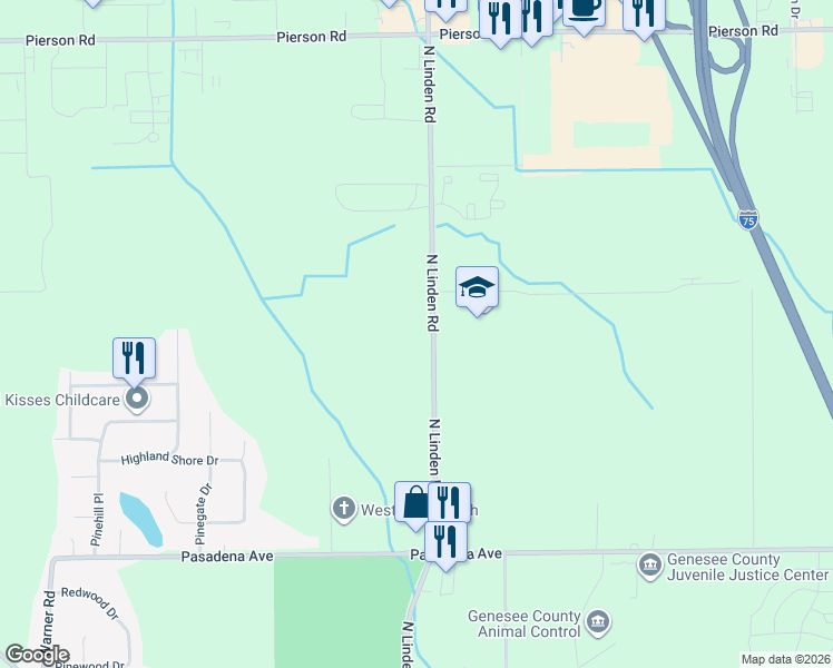 map of restaurants, bars, coffee shops, grocery stores, and more near 3203 North Linden Road in Flint