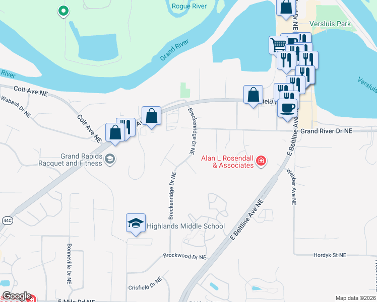 map of restaurants, bars, coffee shops, grocery stores, and more near 4900 Breckenridge Drive Northeast in Grand Rapids