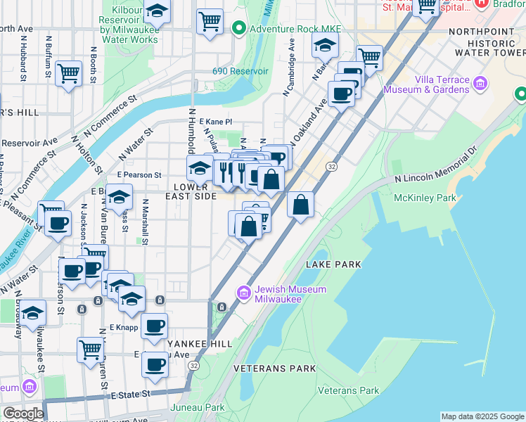 map of restaurants, bars, coffee shops, grocery stores, and more near 1601 North Farwell Avenue in Milwaukee