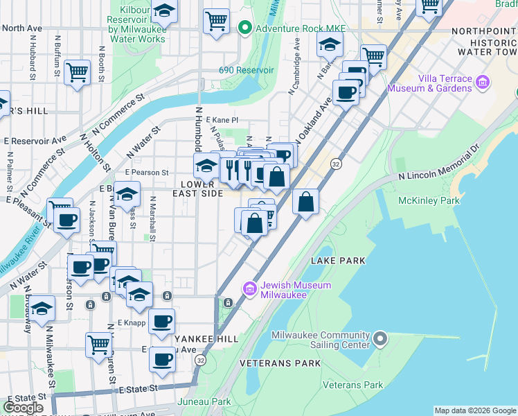 map of restaurants, bars, coffee shops, grocery stores, and more near 1601 North Farwell Avenue in Milwaukee