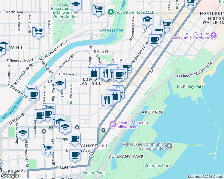 map of restaurants, bars, coffee shops, grocery stores, and more near 1585 North Warren Avenue in Milwaukee