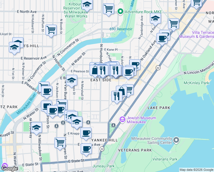 map of restaurants, bars, coffee shops, grocery stores, and more near 1637 North Franklin Place in Milwaukee