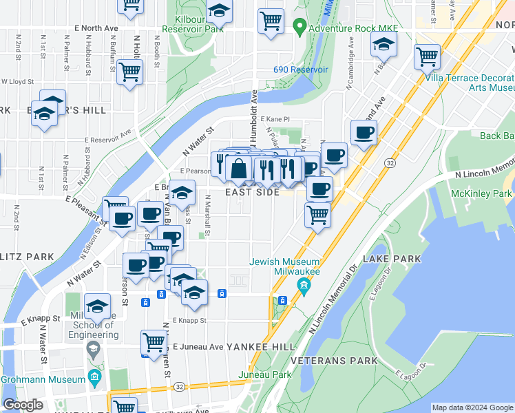 map of restaurants, bars, coffee shops, grocery stores, and more near 1637 North Humboldt Avenue in Milwaukee
