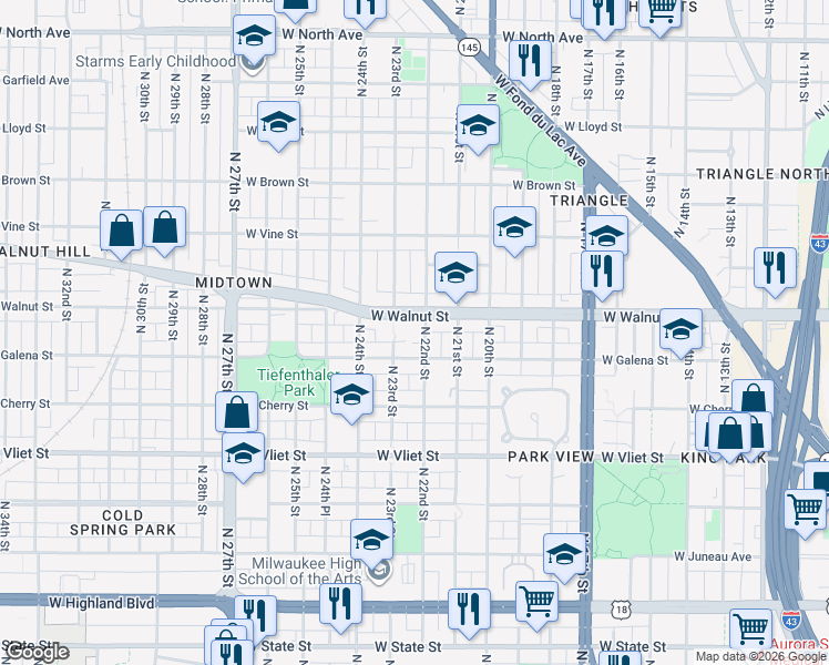 map of restaurants, bars, coffee shops, grocery stores, and more near 2200 West Galena Street in Milwaukee