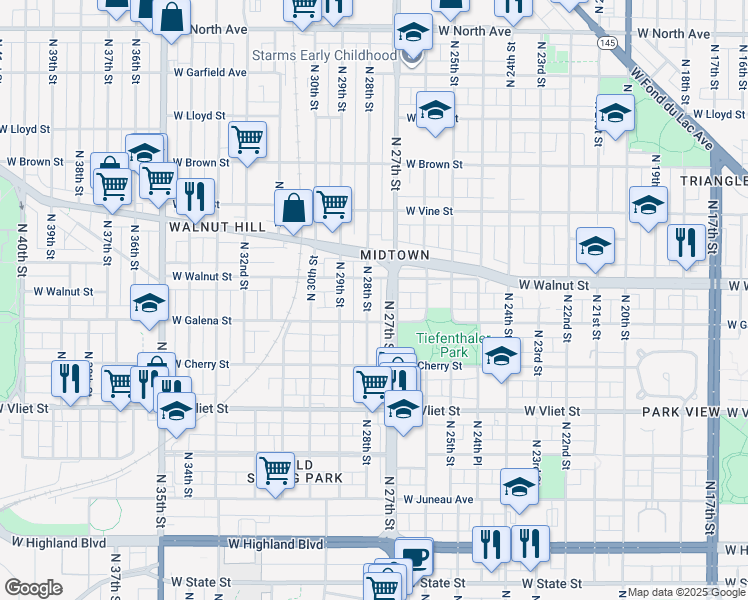 map of restaurants, bars, coffee shops, grocery stores, and more near in Milwaukee