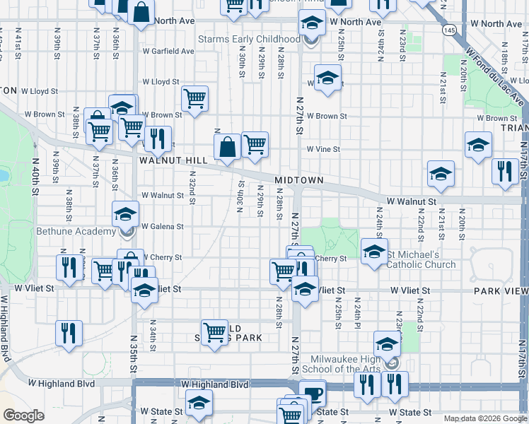 map of restaurants, bars, coffee shops, grocery stores, and more near 2828-2832 West Galena Street in Milwaukee