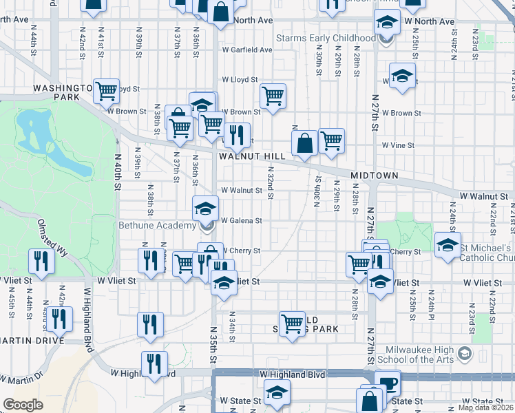 map of restaurants, bars, coffee shops, grocery stores, and more near 3307 West Galena Street in Milwaukee