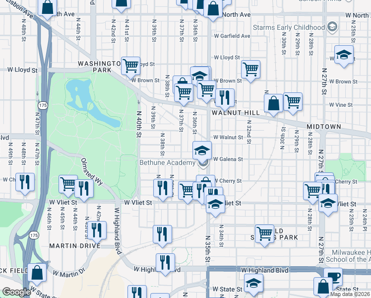 map of restaurants, bars, coffee shops, grocery stores, and more near 3705 West Galena Street in Milwaukee
