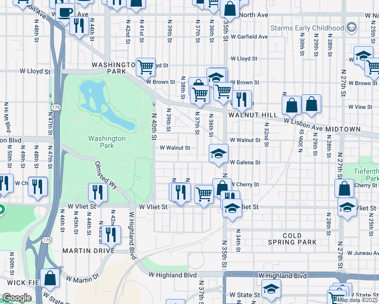 map of restaurants, bars, coffee shops, grocery stores, and more near 3705 West Galena Street in Milwaukee