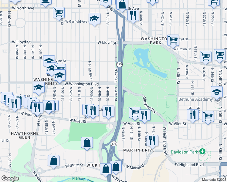 map of restaurants, bars, coffee shops, grocery stores, and more near 1556 North 48th Street in Milwaukee