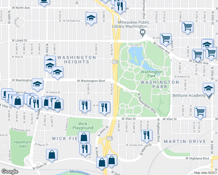 map of restaurants, bars, coffee shops, grocery stores, and more near 1556 North 48th Street in Milwaukee