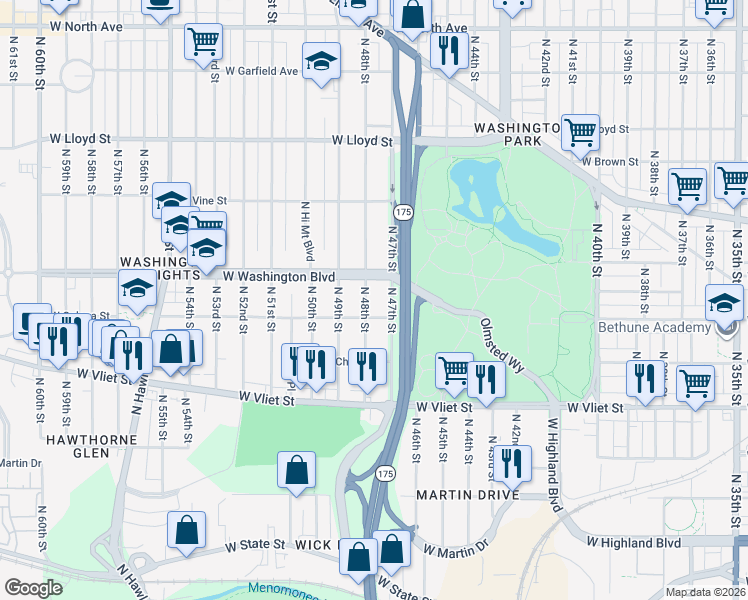 map of restaurants, bars, coffee shops, grocery stores, and more near 1556 North 48th Street in Milwaukee