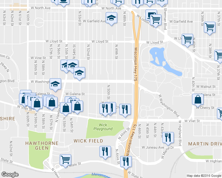 map of restaurants, bars, coffee shops, grocery stores, and more near 4903 West Galena Street in Milwaukee