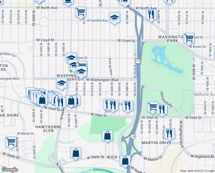 map of restaurants, bars, coffee shops, grocery stores, and more near 5019 West Galena Street in Milwaukee