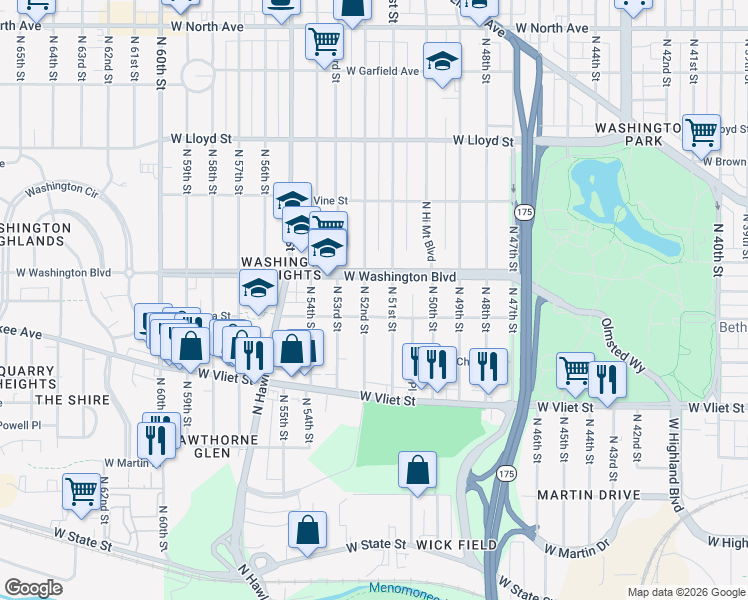 map of restaurants, bars, coffee shops, grocery stores, and more near 1559 North 51st Street in Milwaukee