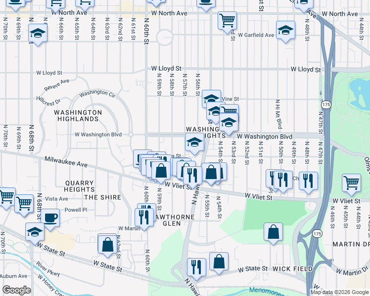 map of restaurants, bars, coffee shops, grocery stores, and more near 1549 North 57th Street in Milwaukee