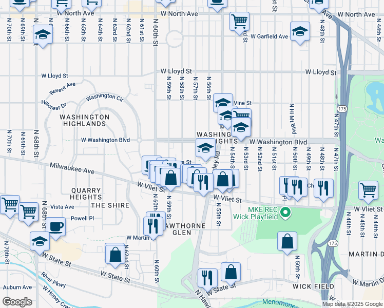 map of restaurants, bars, coffee shops, grocery stores, and more near 1549 North 57th Street in Milwaukee