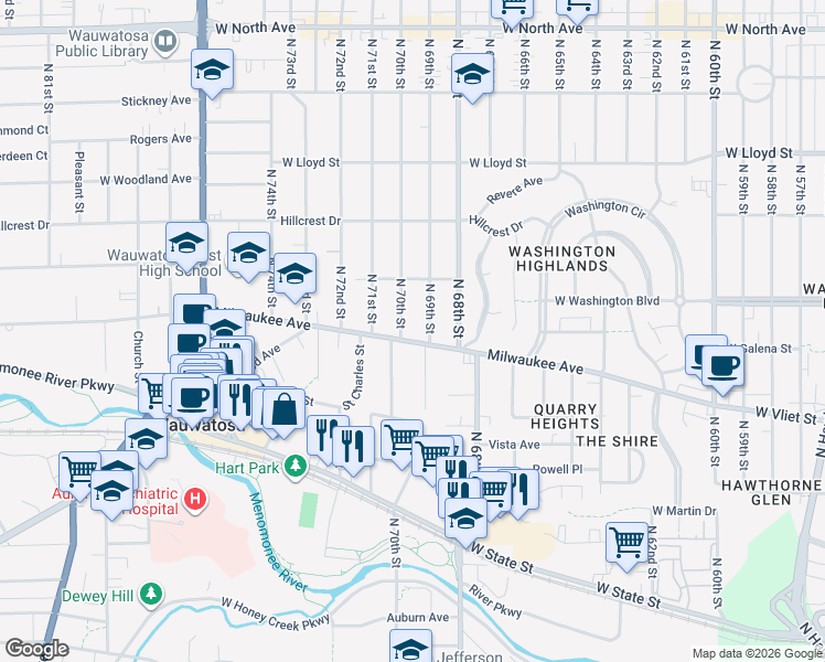 map of restaurants, bars, coffee shops, grocery stores, and more near 6905 Milwaukee Avenue in Wauwatosa