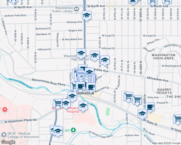 map of restaurants, bars, coffee shops, grocery stores, and more near 7517 Lincoln Place in Wauwatosa