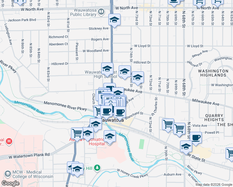 map of restaurants, bars, coffee shops, grocery stores, and more near 7517 Lincoln Place in Wauwatosa
