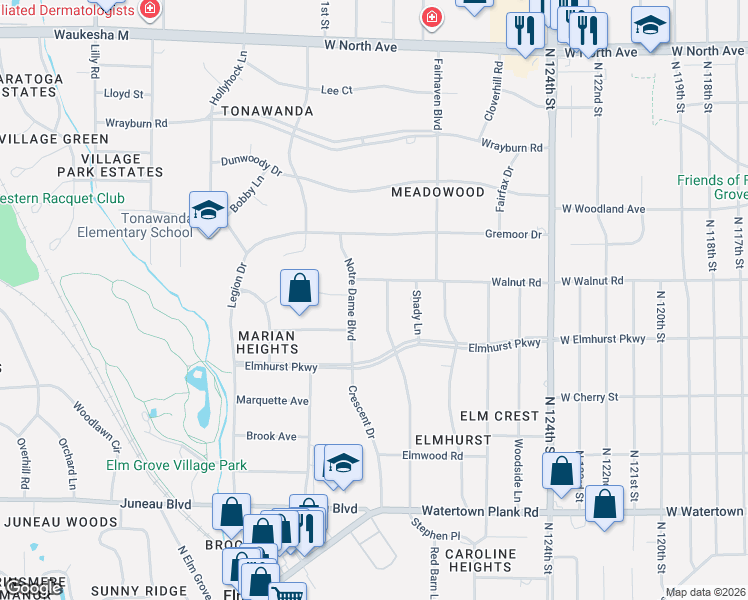 map of restaurants, bars, coffee shops, grocery stores, and more near 1625 Blue Ridge Boulevard in Elm Grove