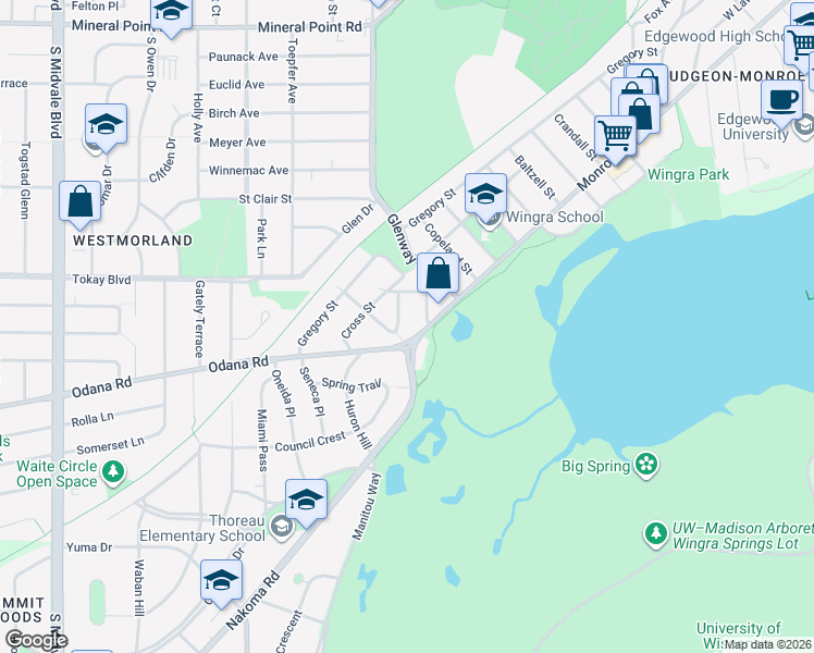 map of restaurants, bars, coffee shops, grocery stores, and more near 3602 Odana Road in Madison