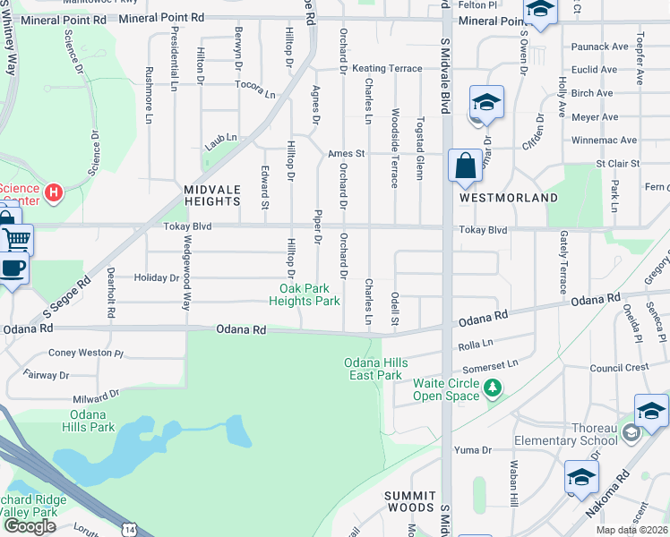 map of restaurants, bars, coffee shops, grocery stores, and more near 633 Piper Drive in Madison