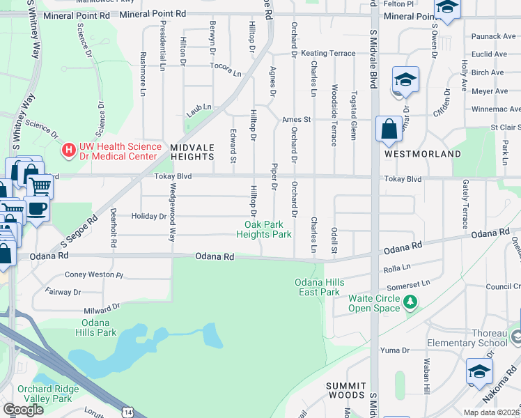 map of restaurants, bars, coffee shops, grocery stores, and more near 633 Hilltop Drive in Madison
