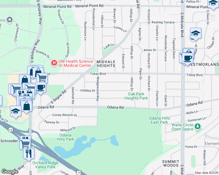 map of restaurants, bars, coffee shops, grocery stores, and more near 4901 Holiday Drive in Madison