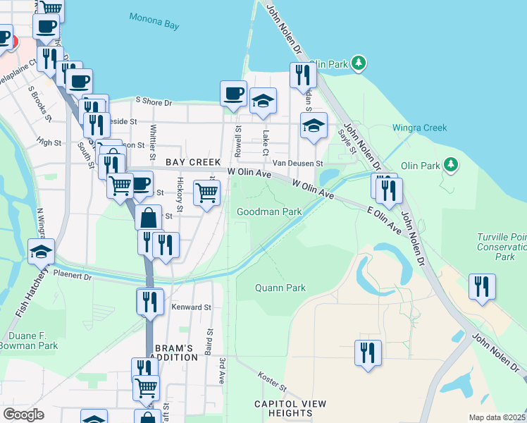 map of restaurants, bars, coffee shops, grocery stores, and more near 207 West Olin Avenue in Madison