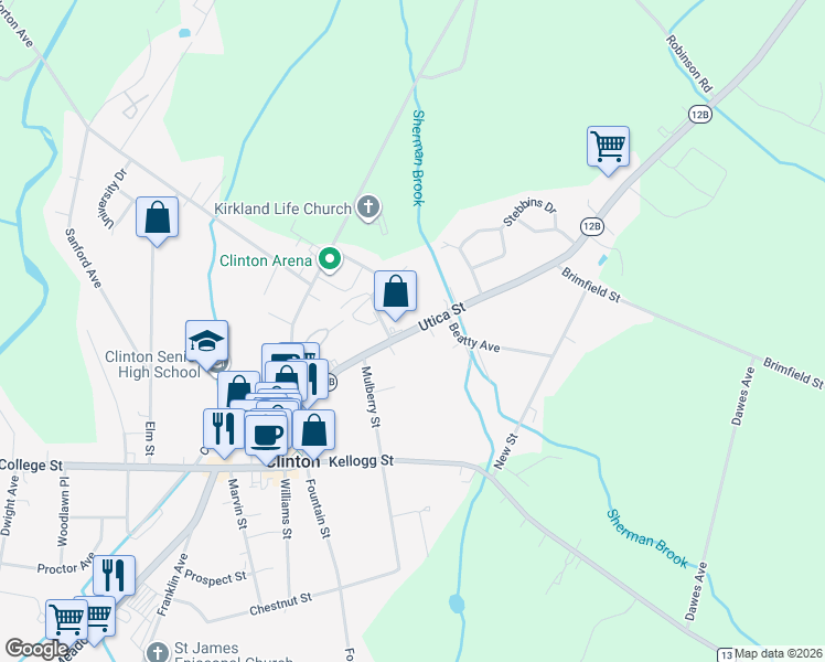 map of restaurants, bars, coffee shops, grocery stores, and more near 54 Utica Street in Clinton