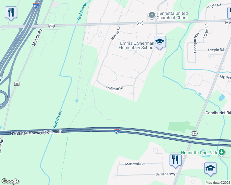 map of restaurants, bars, coffee shops, grocery stores, and more near 41 Wallman Drive in Henrietta