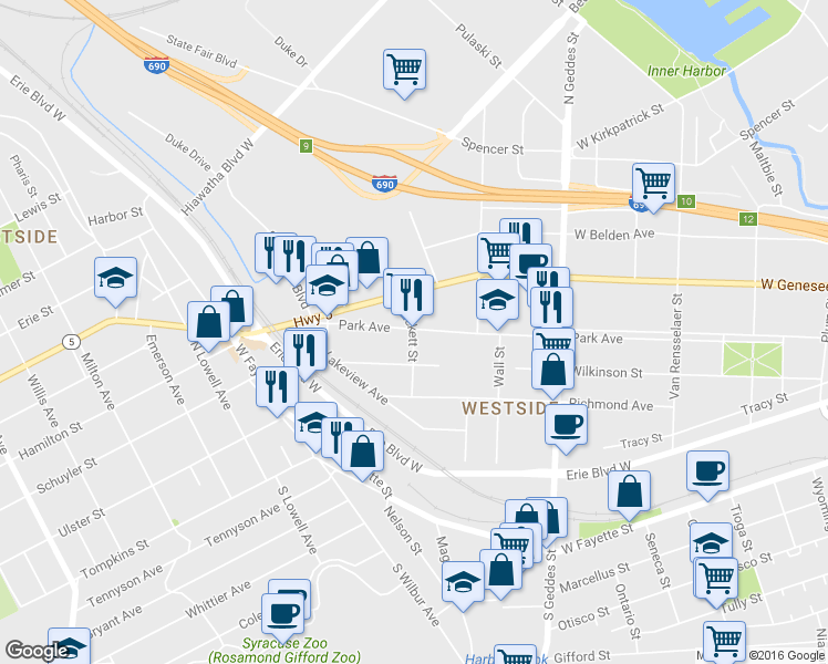 map of restaurants, bars, coffee shops, grocery stores, and more near 278 Sackett Street in Syracuse