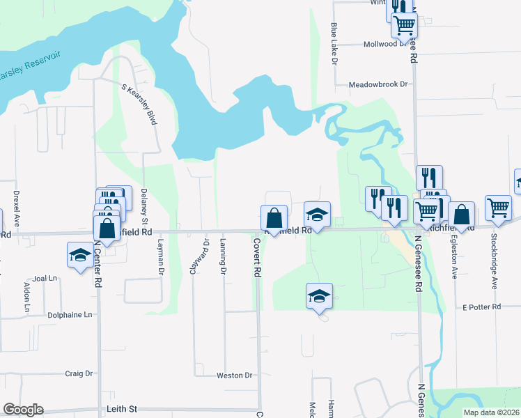 map of restaurants, bars, coffee shops, grocery stores, and more near 4408 Sugar Maple Run in Flint