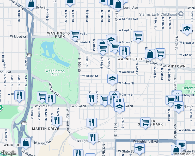 map of restaurants, bars, coffee shops, grocery stores, and more near 3705 West Galena Street in Milwaukee
