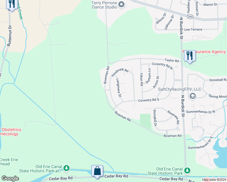 map of restaurants, bars, coffee shops, grocery stores, and more near 5772 Innsbruck Road in East Syracuse