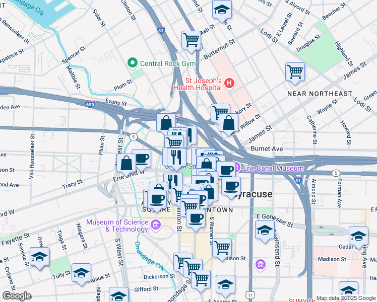 map of restaurants, bars, coffee shops, grocery stores, and more near 204-06 West Genesee Street in Syracuse