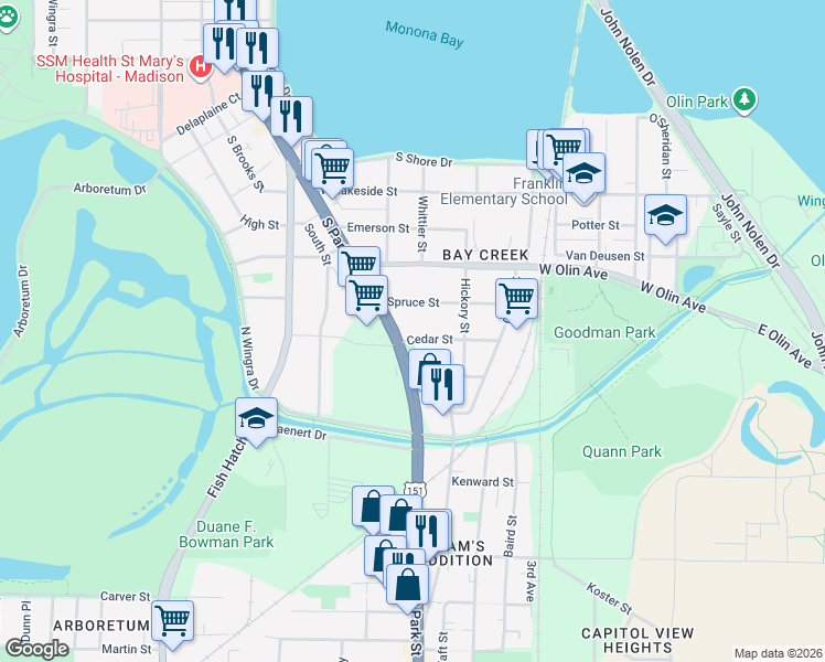 map of restaurants, bars, coffee shops, grocery stores, and more near 1407 Beld Street in Madison