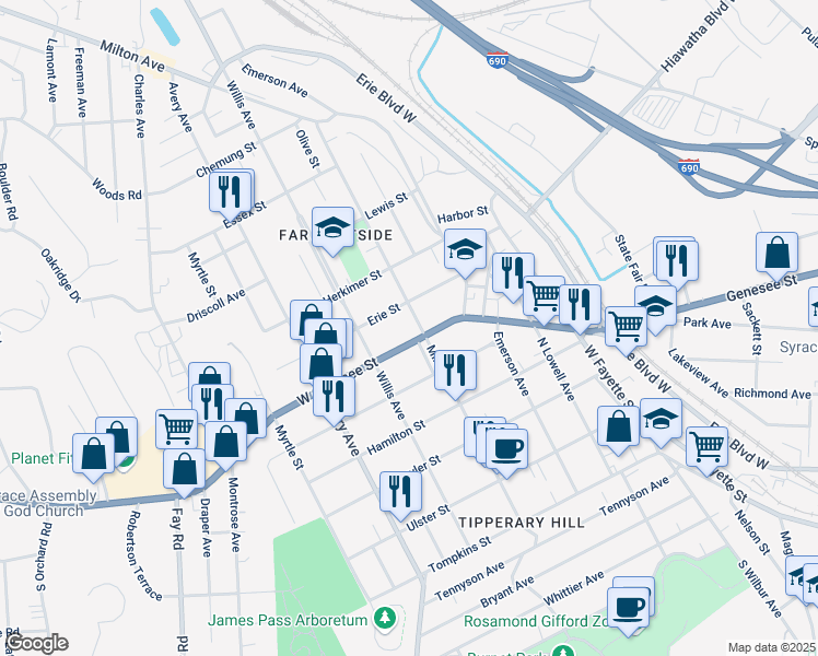map of restaurants, bars, coffee shops, grocery stores, and more near 1711 West Genesee Street in Syracuse