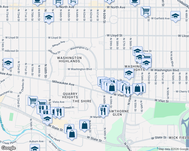 map of restaurants, bars, coffee shops, grocery stores, and more near 6129 Washington Circle in Wauwatosa