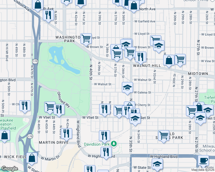 map of restaurants, bars, coffee shops, grocery stores, and more near 3821 West Galena Street in Milwaukee