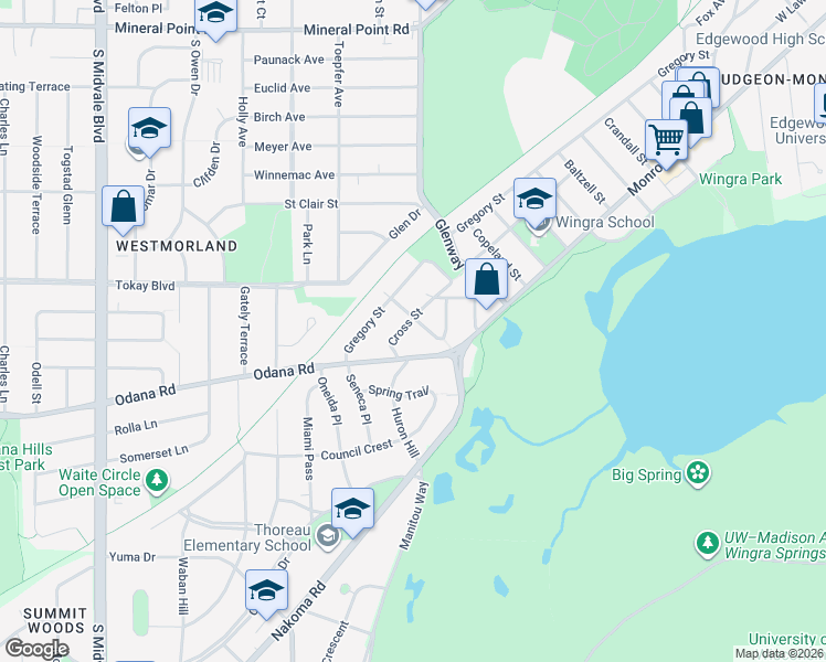 map of restaurants, bars, coffee shops, grocery stores, and more near 3630 Odana Road in Madison
