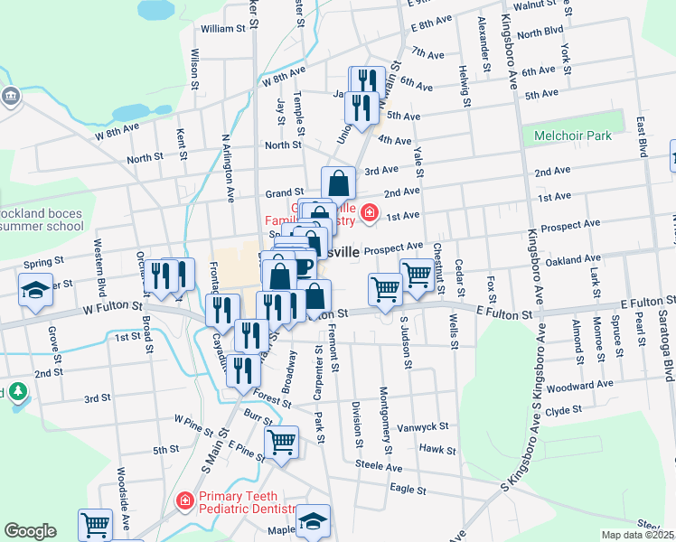 map of restaurants, bars, coffee shops, grocery stores, and more near 23 Fremont Street in Gloversville
